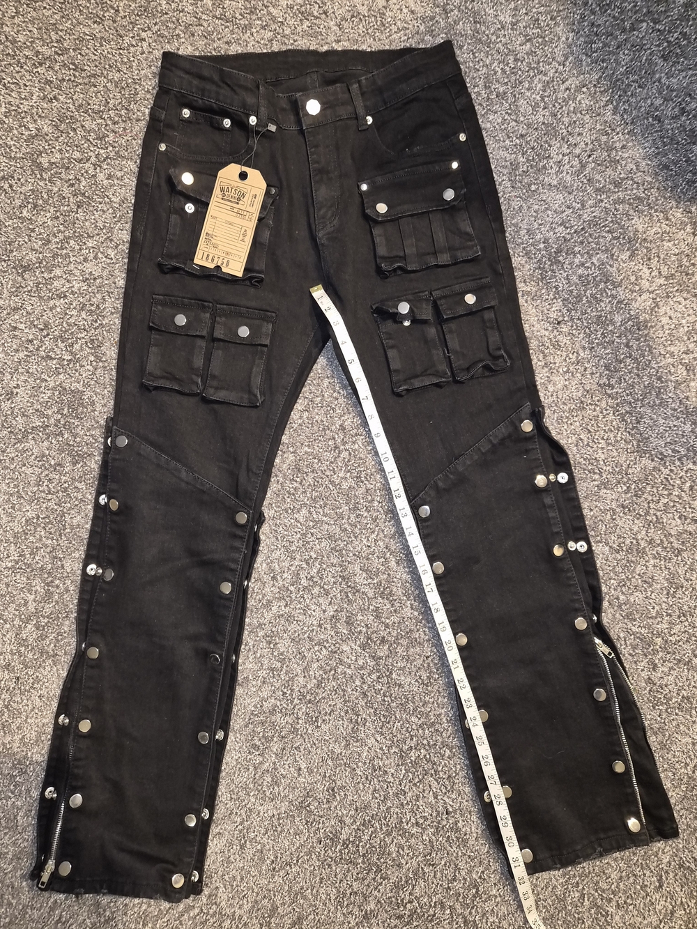 Men's Black Straight Cargo Jeans with Snap Details